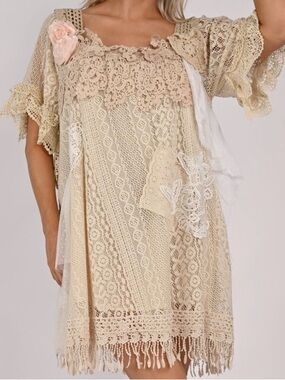 Boho Lace Tunic with Crochet Sleeves and Floral Appliqué - Ivory & Soft Pink